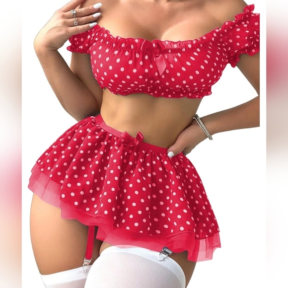 2/$50 NEW Red Polka Dot Lingerie Two-Piece Set With Stockings Cottage-(#1,496) - Picture 1 of 3